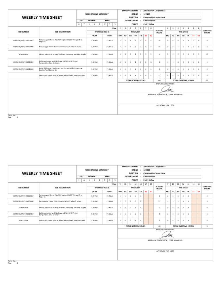 Time Sheet John RL - Okt Nov Wk-1,2,3,4,5 | PDF | Labor | Working Time
