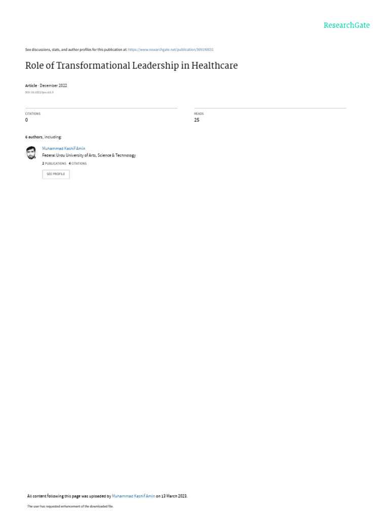 Role of Transformational Leadership in Healthcare: December 2022 | PDF ...
