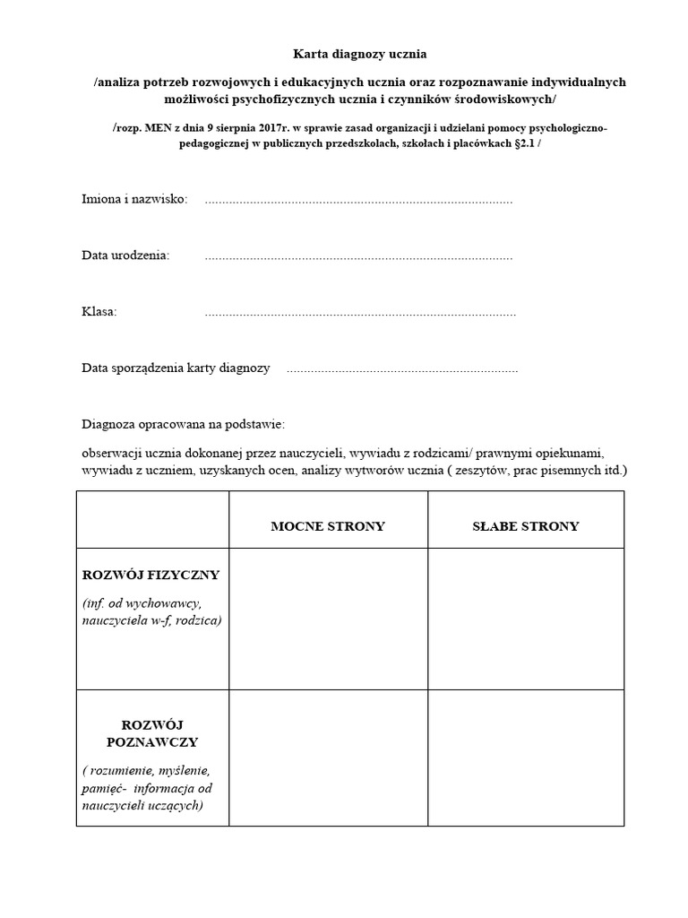 Podsumowanie Diagnozy Wstępnej W Przedszkolu Chomikuj Karta diagnozy ucznia | PDF