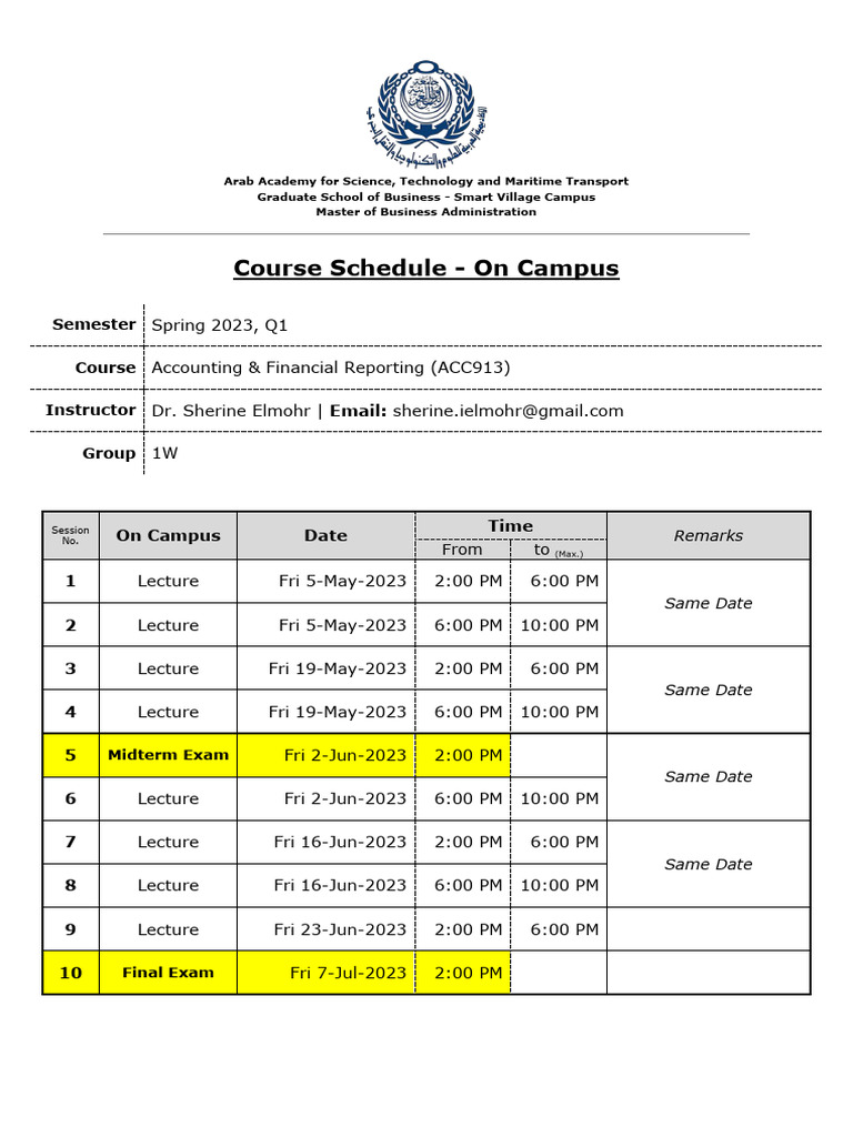 1W Course Schedule - On Campus - Accounting Financial Reporting | PDF