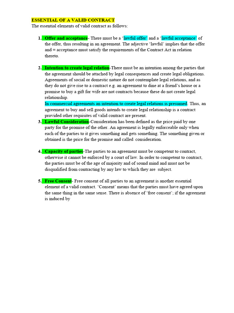 Essentials of a valid contract contract formation pdf offer and