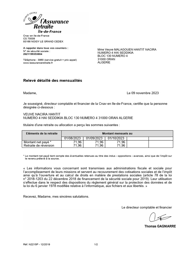 Attestation de Retraite de Mme Hantit | PDF | Impôts | Retraite