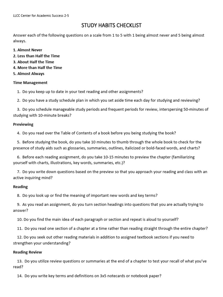 Study Habits Assessment Checklist | PDF | Books | Cognitive Science