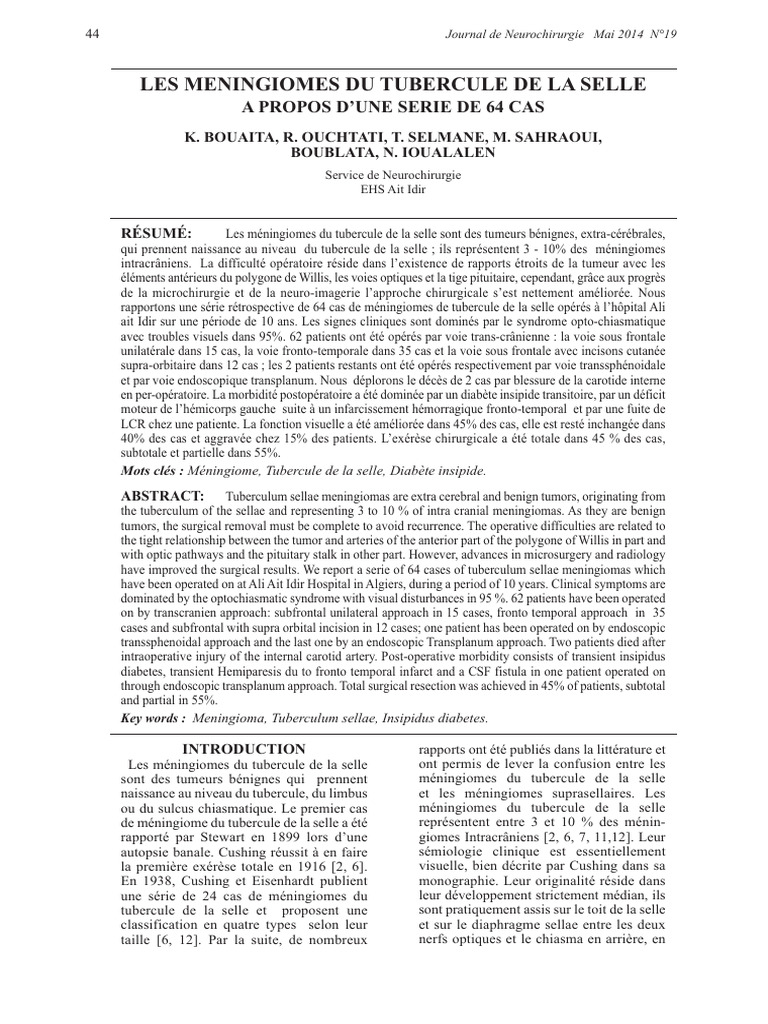 Ménigiomes du tubercule de la selle : 64 cas | PDF | Anatomie humaine ...