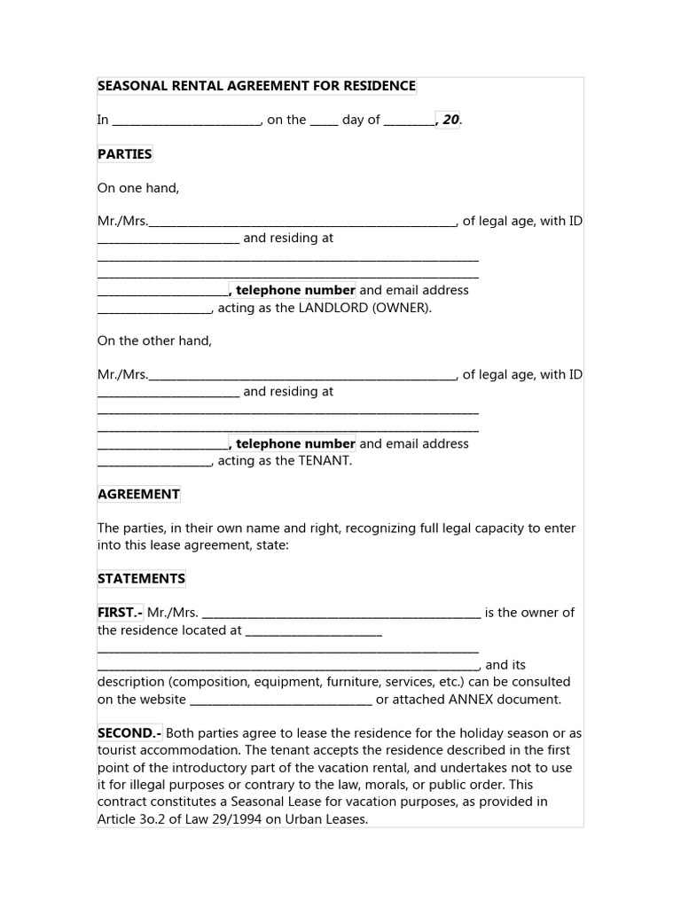 Modelo Seasonal Rental Agreement PDF Lease Leasehold Estate