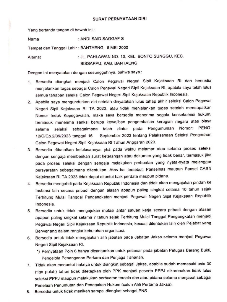 SURAT PERNYATAAN DIRI | PDF