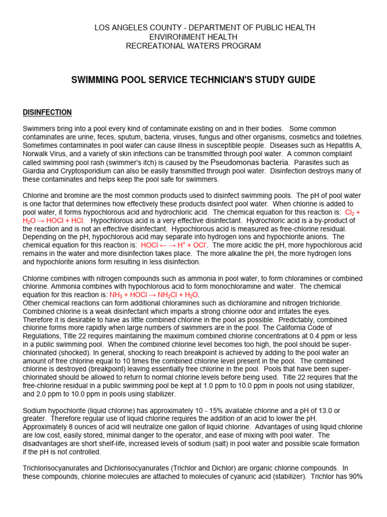 Swimming Pool Service Technicians Study Guide | PDF | Chlorine | Filtration