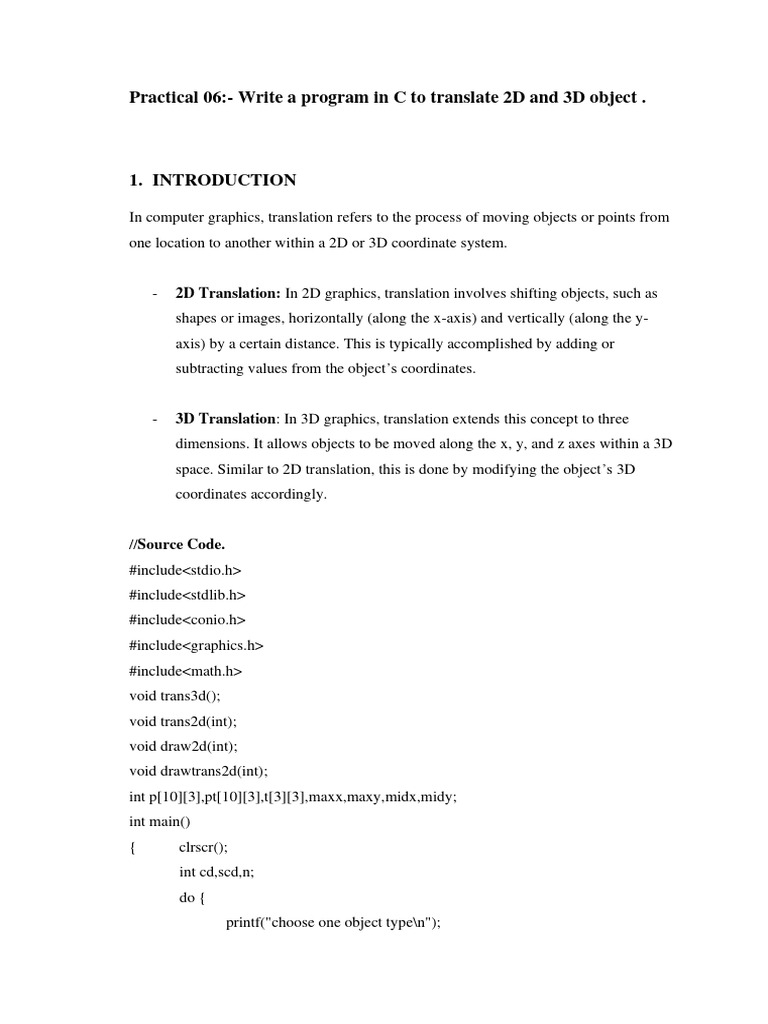 Practical 06:-Write A Program in C To Translate 2D and 3D Object | PDF ...