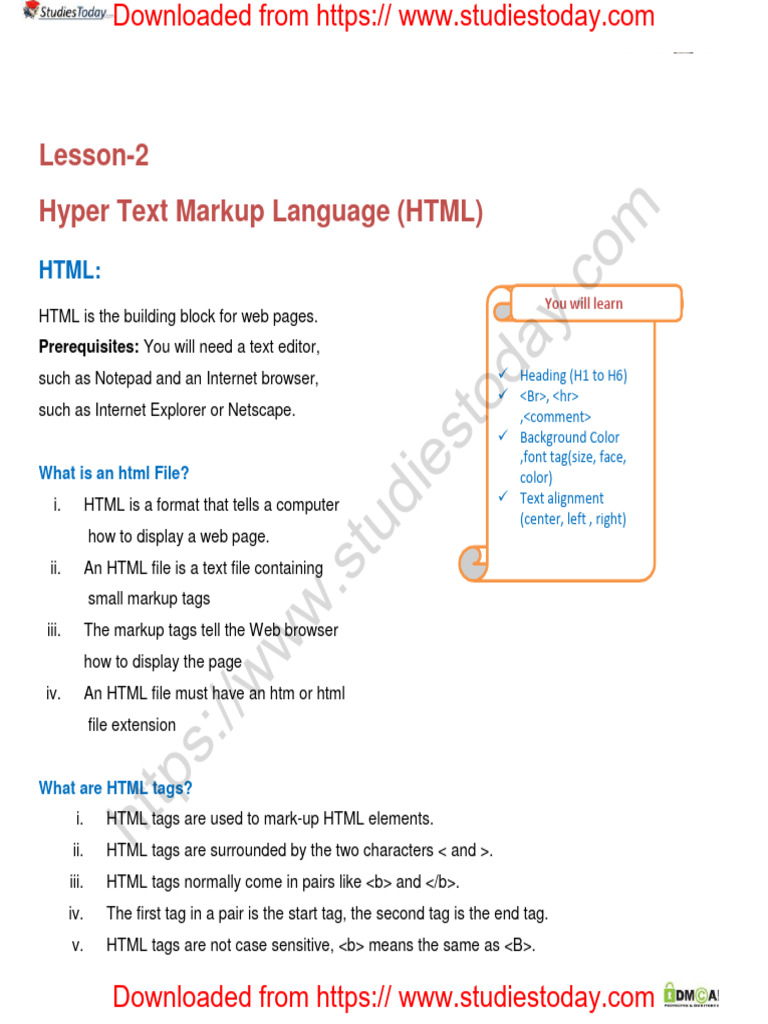 Class 7 computer science hyper text markup language notes pdf html