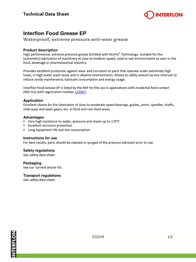 Interflon Food Grease EP TDS PDF Lubricant Mechanical Engineering