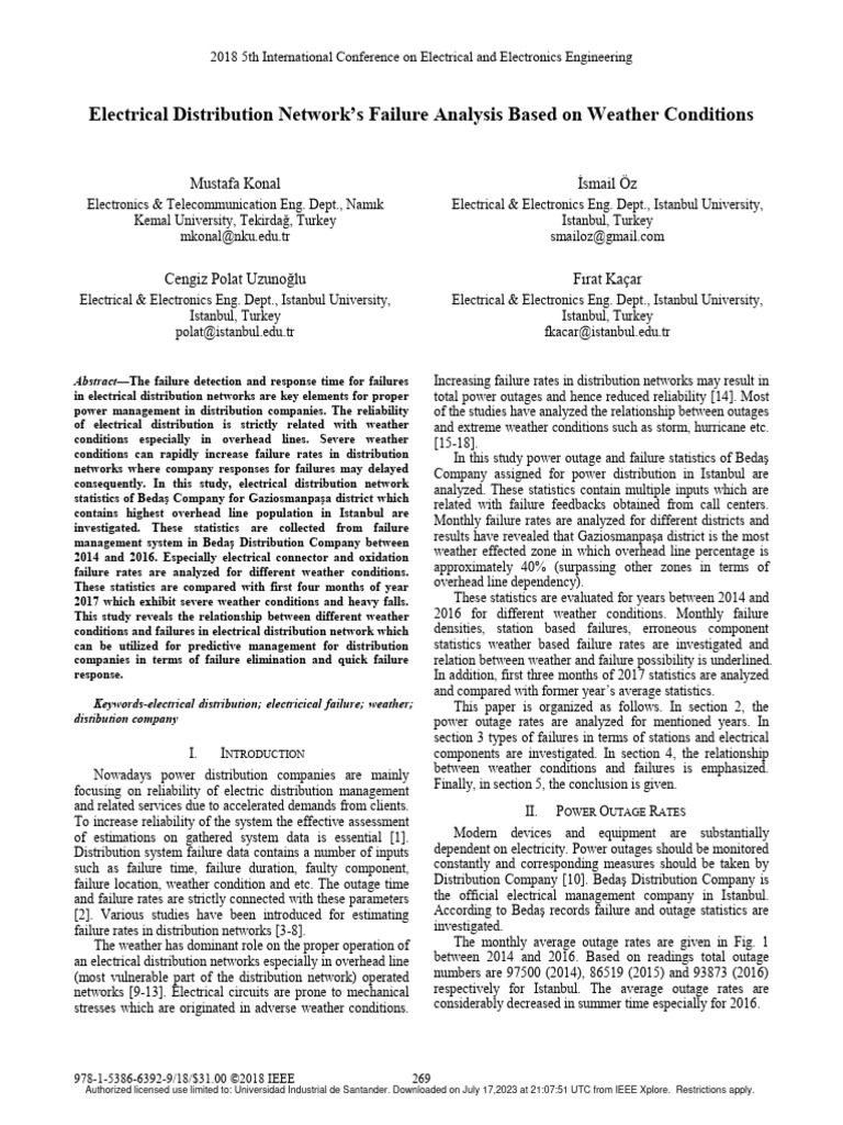 Ieee electrical distribution networks failure analysis based on weather