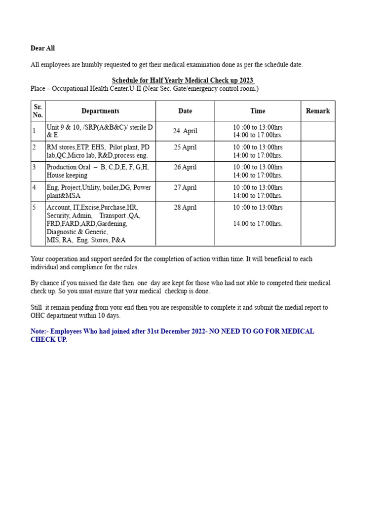 Unit ii medical check up schedule 2023 pdf