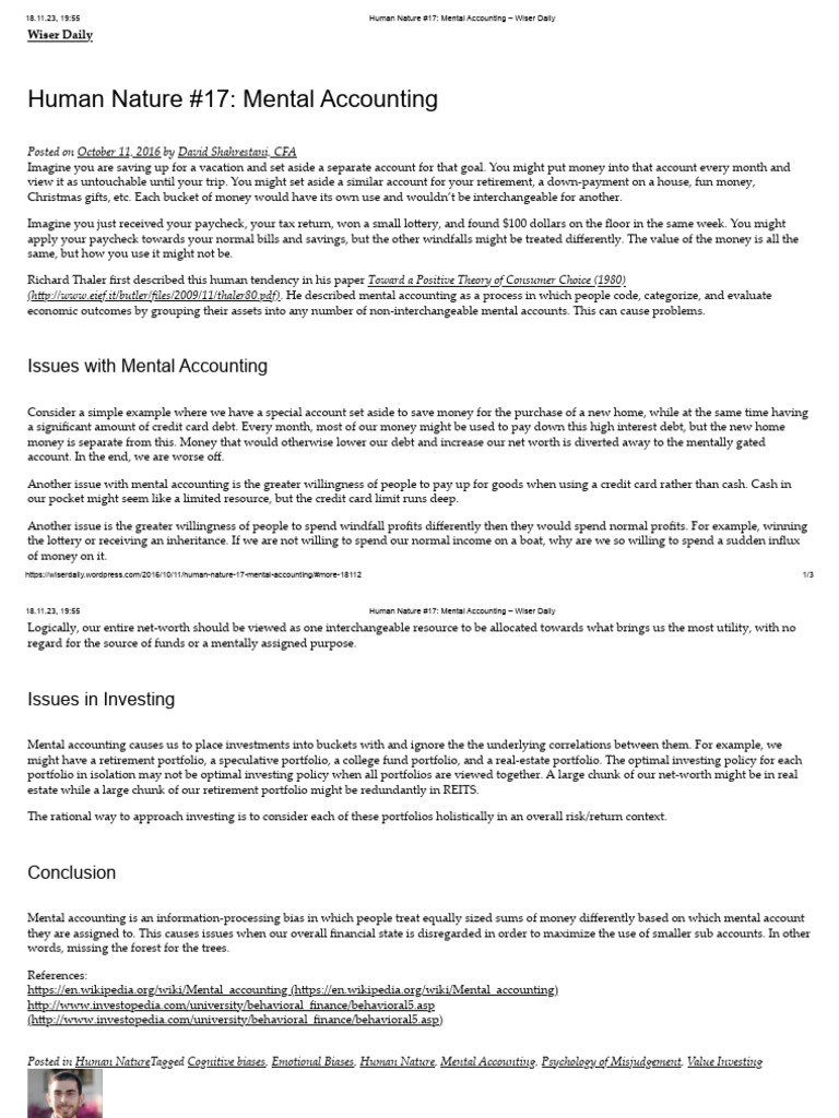 Human nature 17 mental accounting wiser daily pdf money