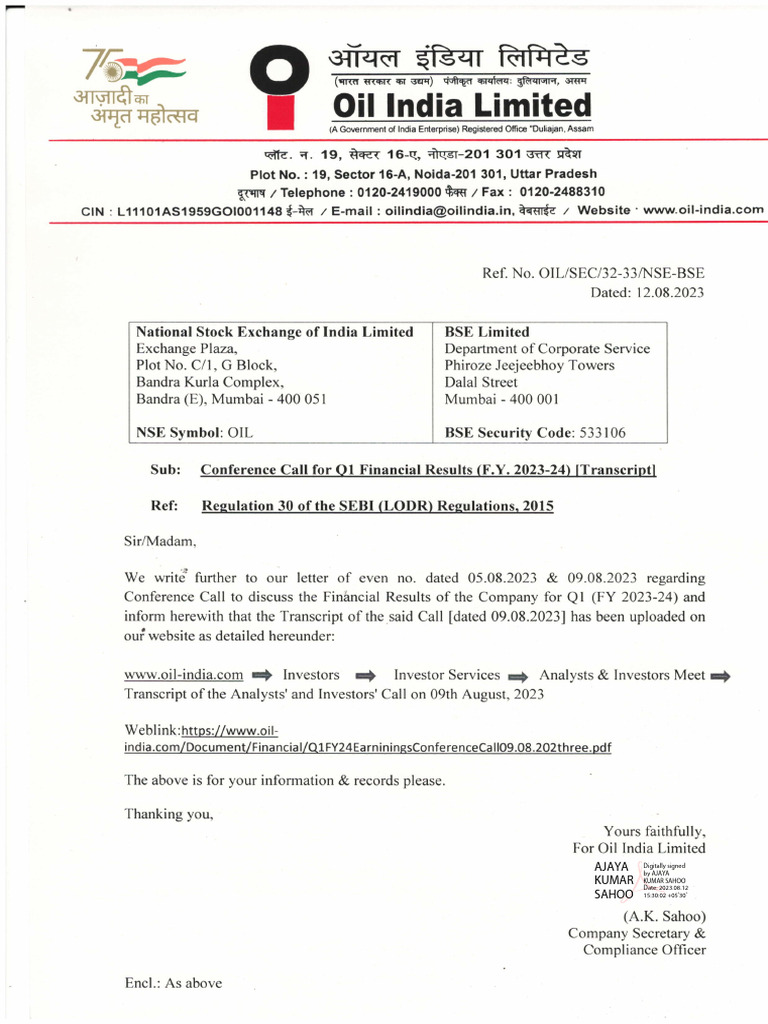 Oil India Q1 FY24 Earnings Call Transcript | PDF