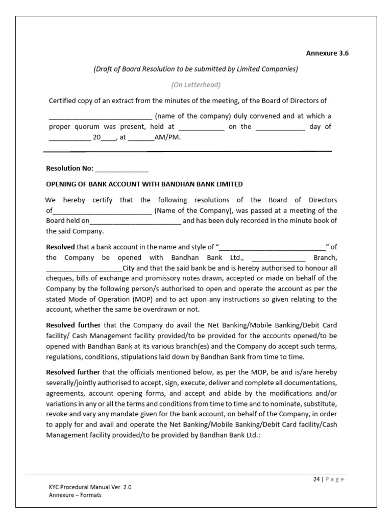 Board Resolution for Bandhan Bank Account | PDF | Banks | Cheque