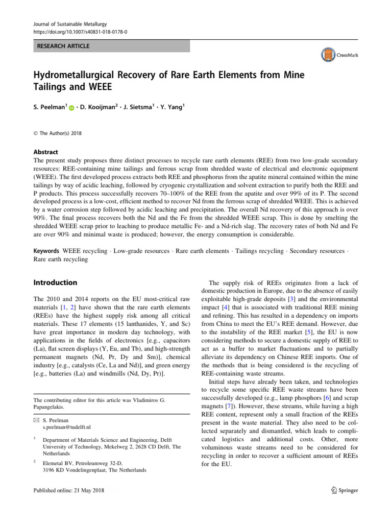 4.hydrometallurgical Recovery of Rare Earth Elements From Mine Tailings ...