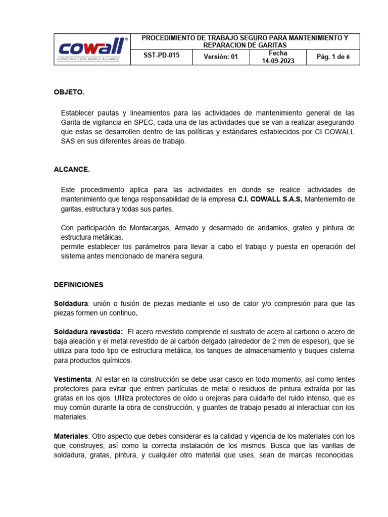Procedimiento para mantenimiento de garitas pdf soldadura