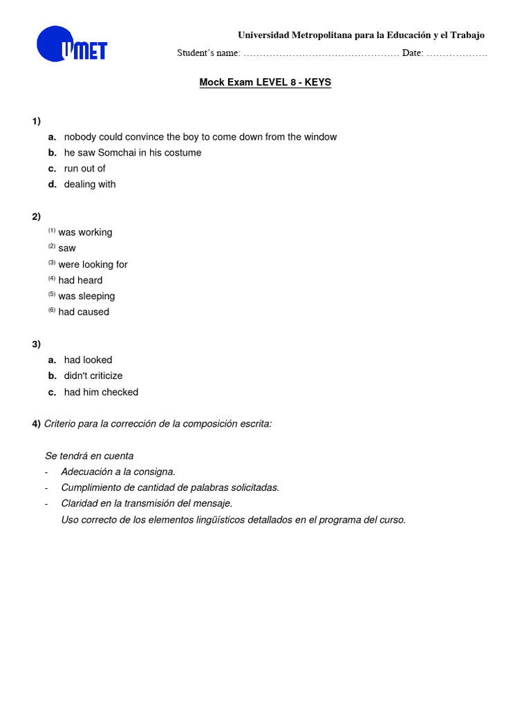 Mock Exam Level 8 KEYS PDF