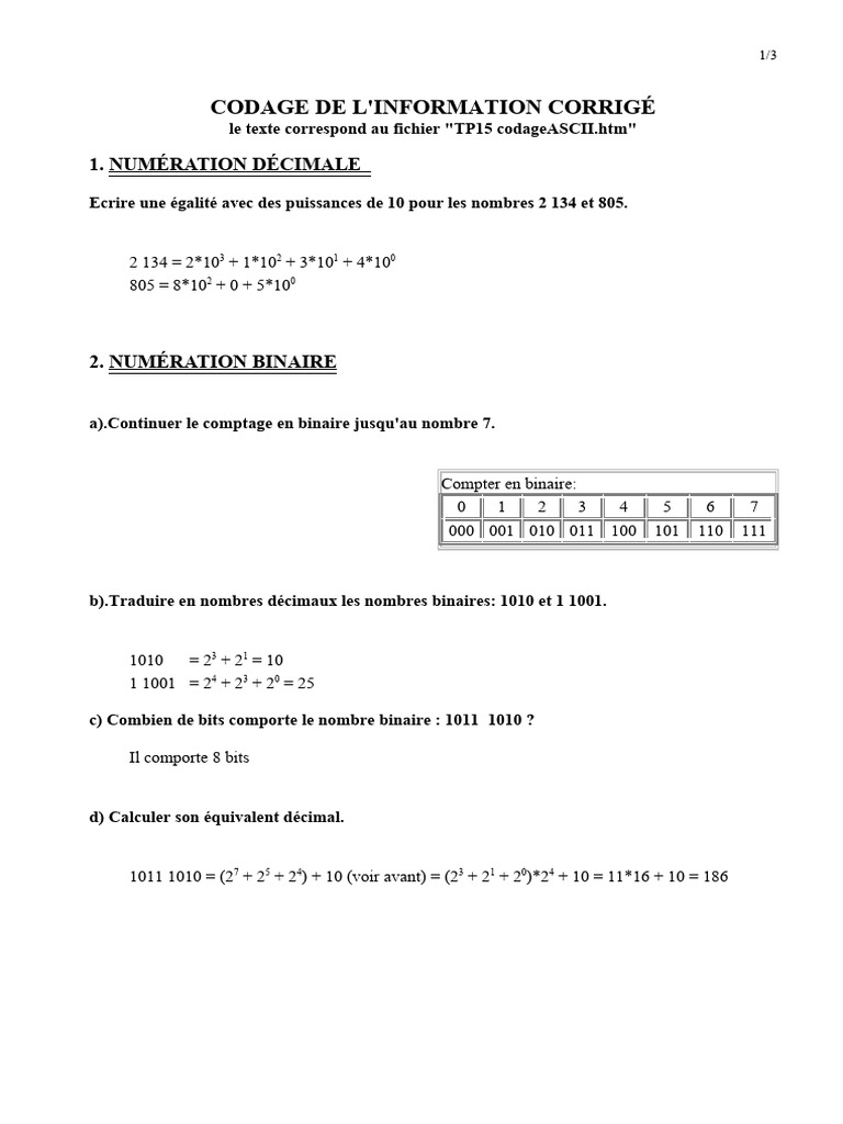 Exercices corrigés sur le codage ASCII | PDF | Arithmétique | Graphèmes