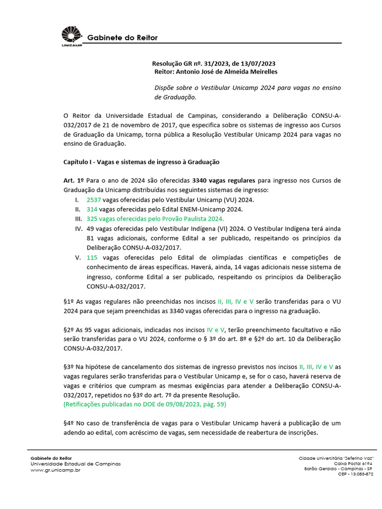 31 2023 Dispoe Sobre o Vestibular Unicamp 2024 Com Retificacao | PDF