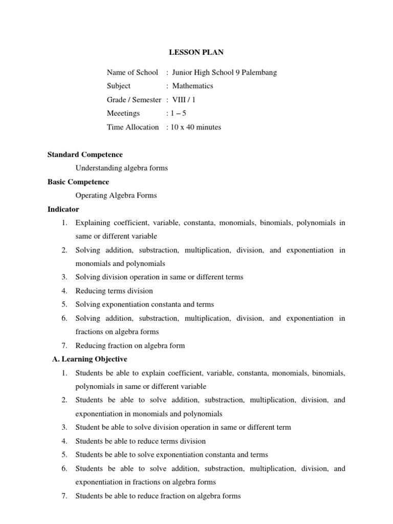 Lesson Plan Full | PDF | Equations | System Of Linear Equations