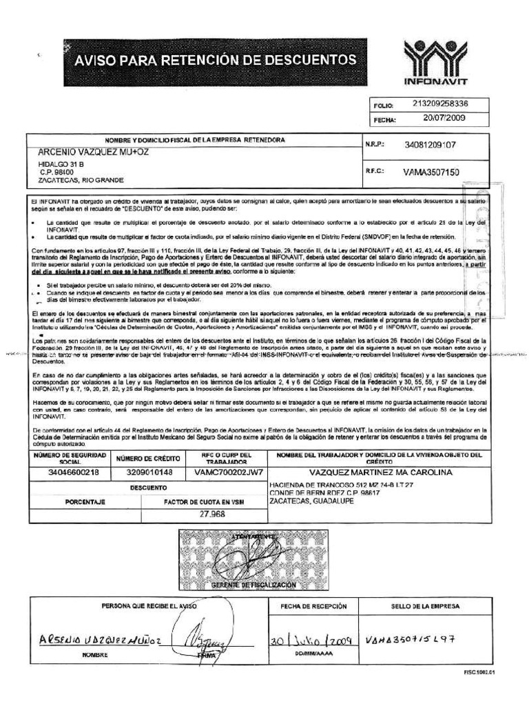 Aviso para Retencion de Descuentos | PDF | Salario | Economias