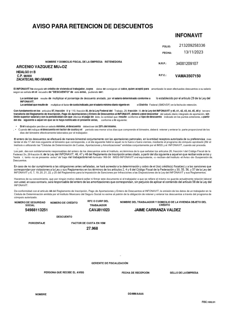 Aviso de Retención de Descuentos INFONAVIT | PDF | Finanzas y dinero