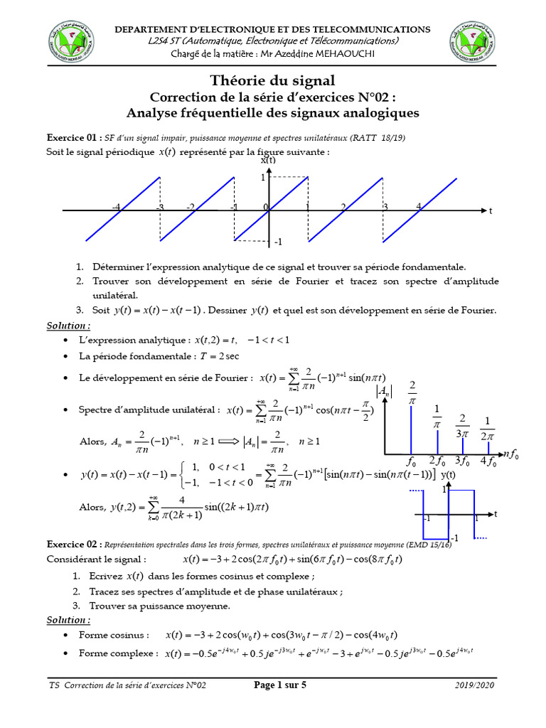 Exercices Corrigés sur le Traitement du Signal | PDF | Densité ...