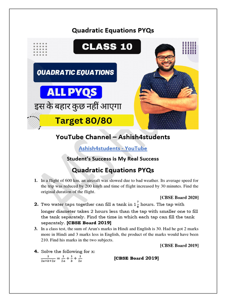 Class 10 Quadratic Equations PYQs | PDF | Speed | Quadratic Equation