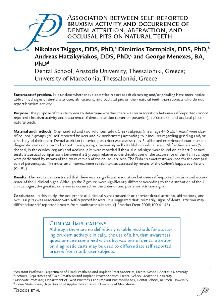 41 Association Between Self-Reported Bruxism Activity and Occurrence of ...