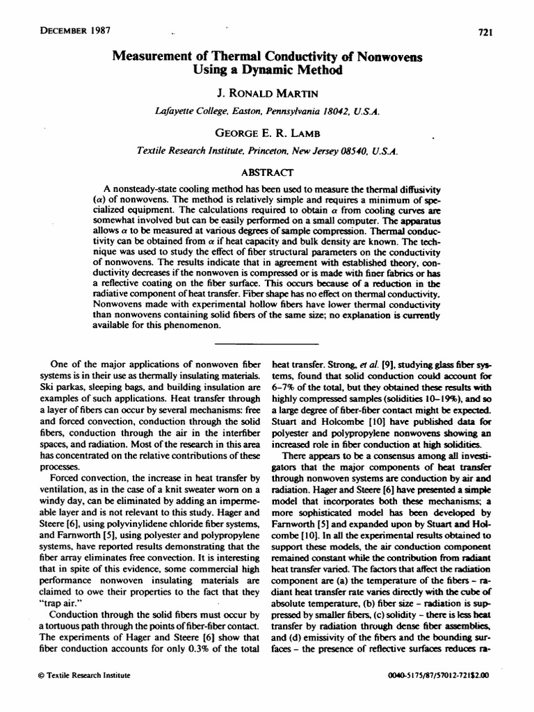Thermal Conductivity of Nonwovens | PDF | Heat Transfer | Thermal ...