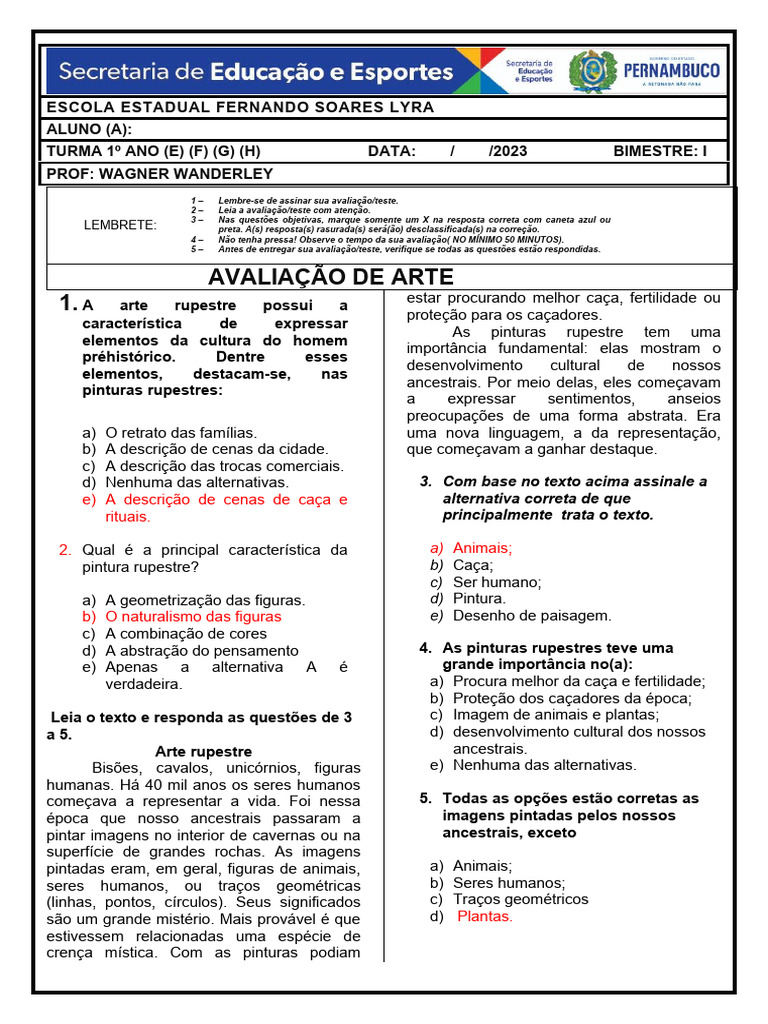 Avaliação de Arte 1 Ano I Bimestre | PDF | Arte Rupestre | Humano