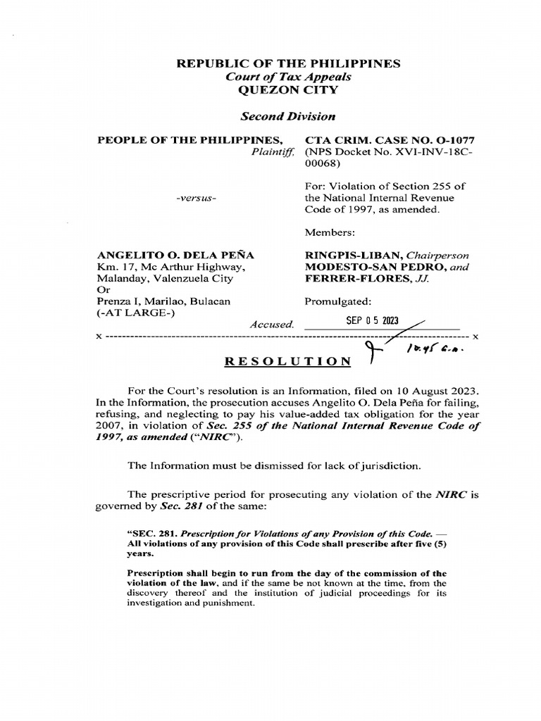 Cta 2D Co 01077 R 2023sep05 VTC PDF Statute Of Limitations Justice