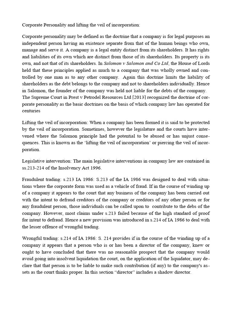 CorporatePersonality Easy PDF Piercing The Corporate Veil Companies