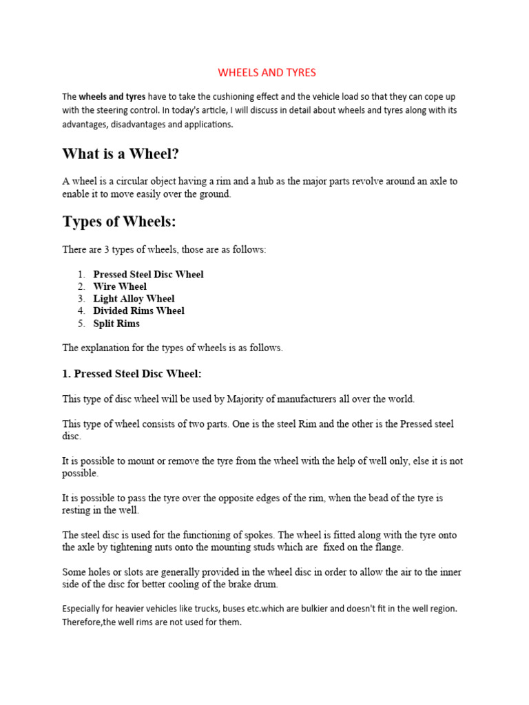 AE Unit 4 Wheels and Tyres Notes PDF Tire Wheel