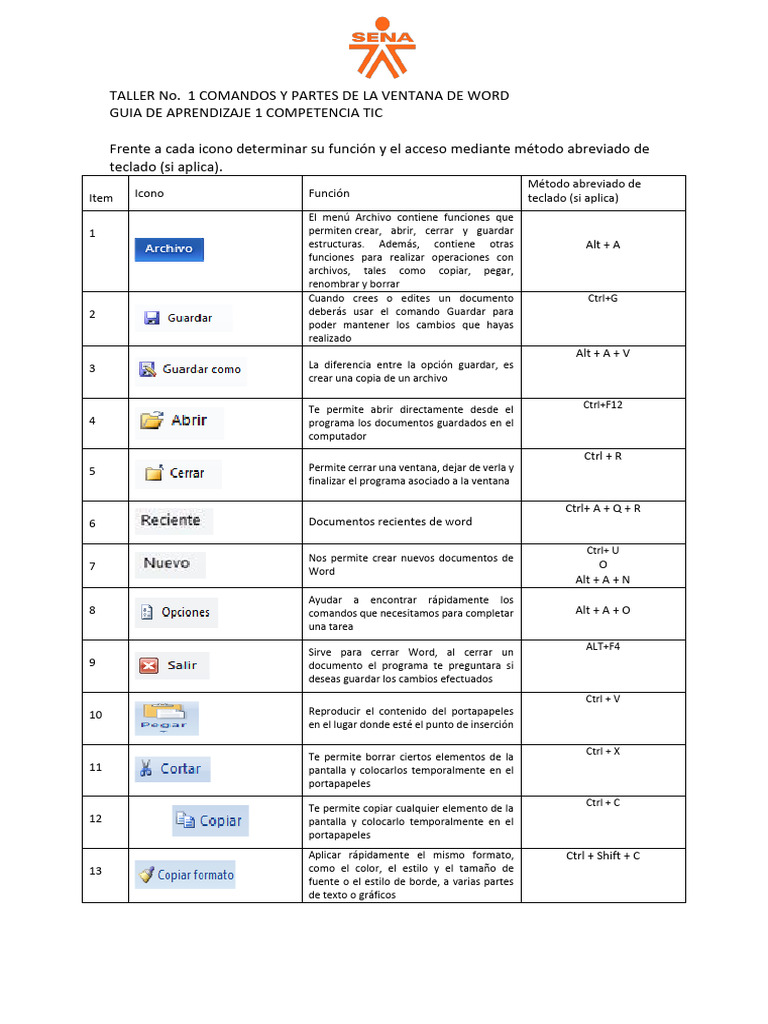 Taller 1 Comandos y Partes de La Ventana de Word Guia de Aprendizaje 1 ...