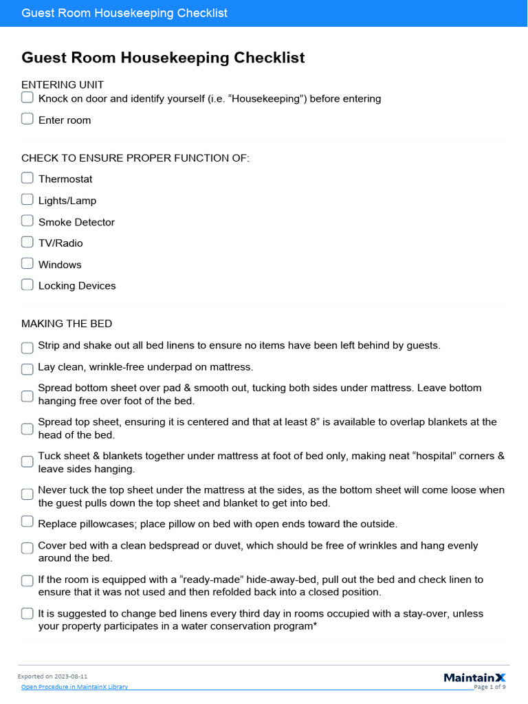 Guest Room Housekeeping Checklist PDF Housekeeping Bathroom