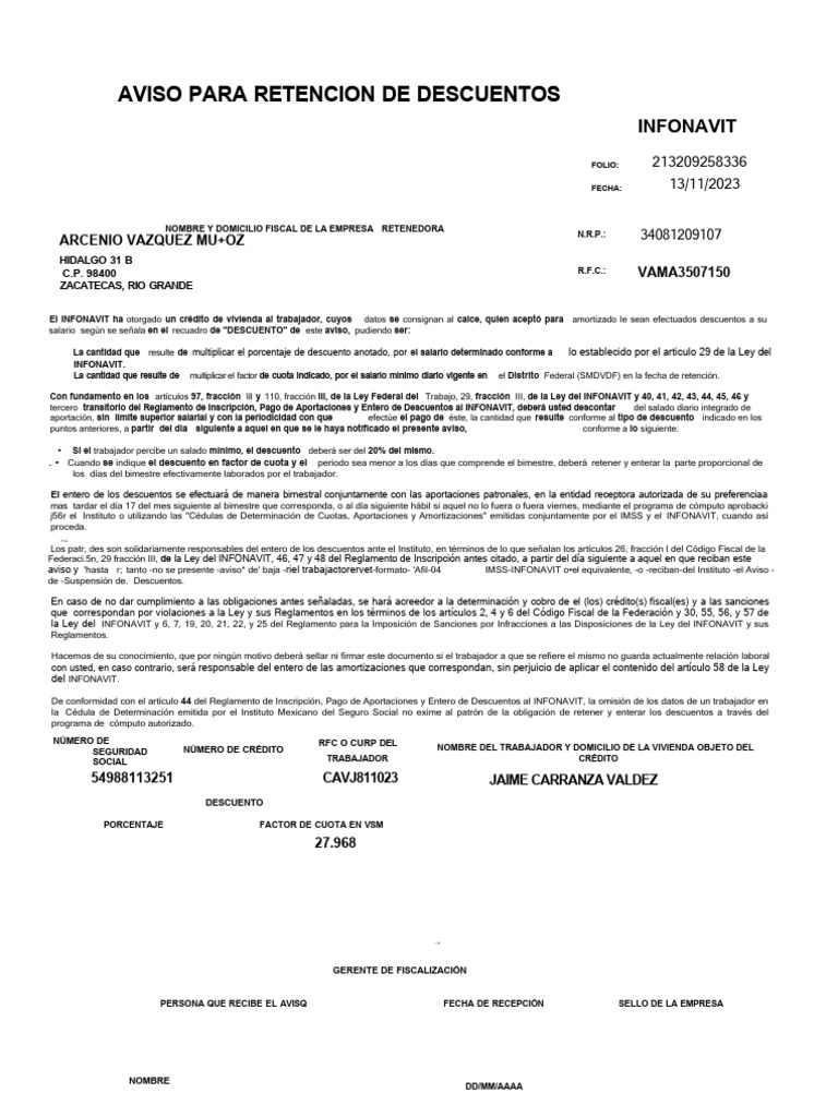 Aviso para Retencion de Descuentos | PDF | Salario | Economias