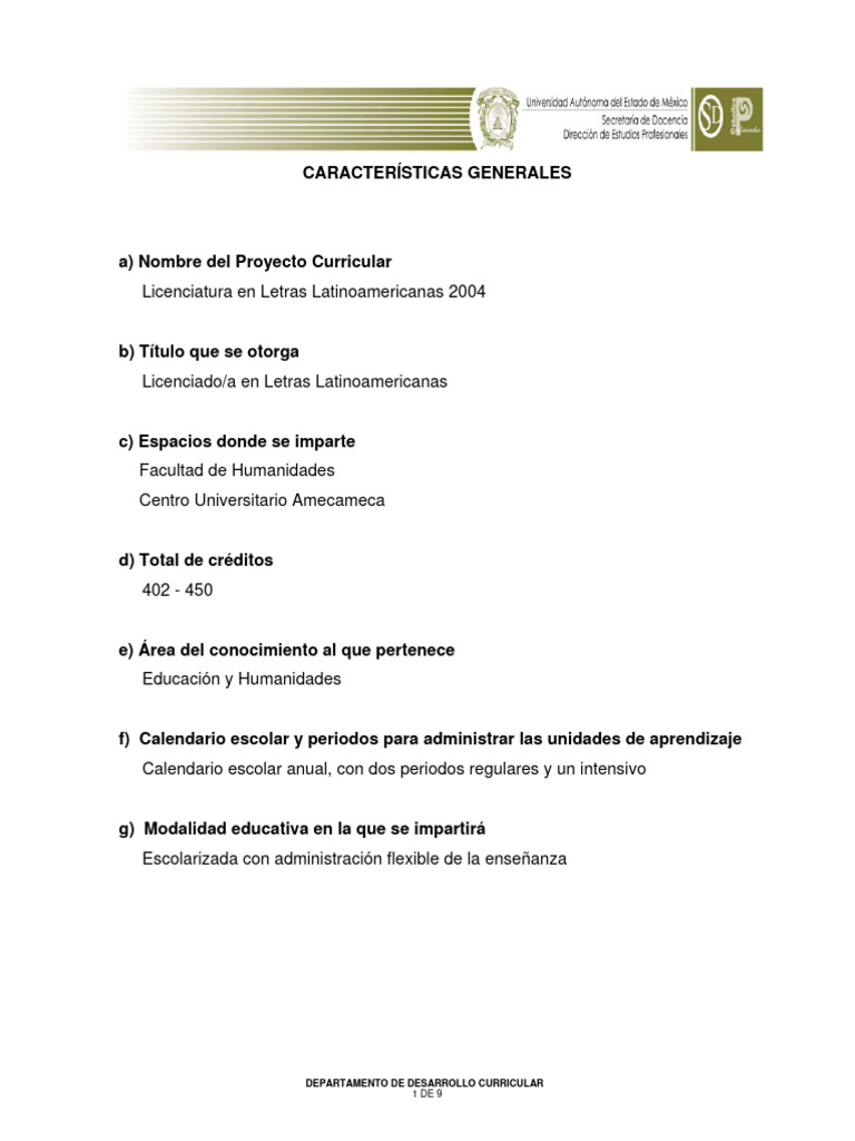 Plan de Estudios Licenciatura de Letras Latinoamericanas UAEMéx 2004 ...