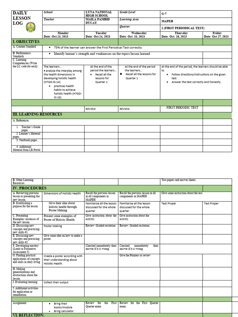 G7 MAPEH First Periodical Test Log | PDF | Learning | Human Communication