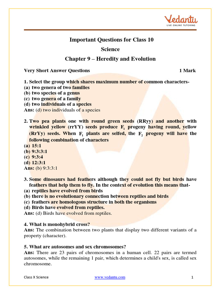 CBSE Class 10 Science Chapter 9 Heredity and Evolution Important ...