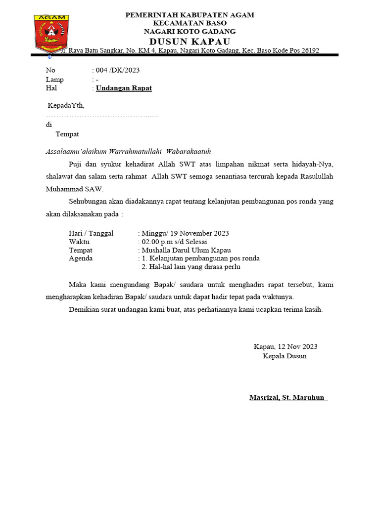 Undangan Rapat Pembangunan Pos Ronda | PDF
