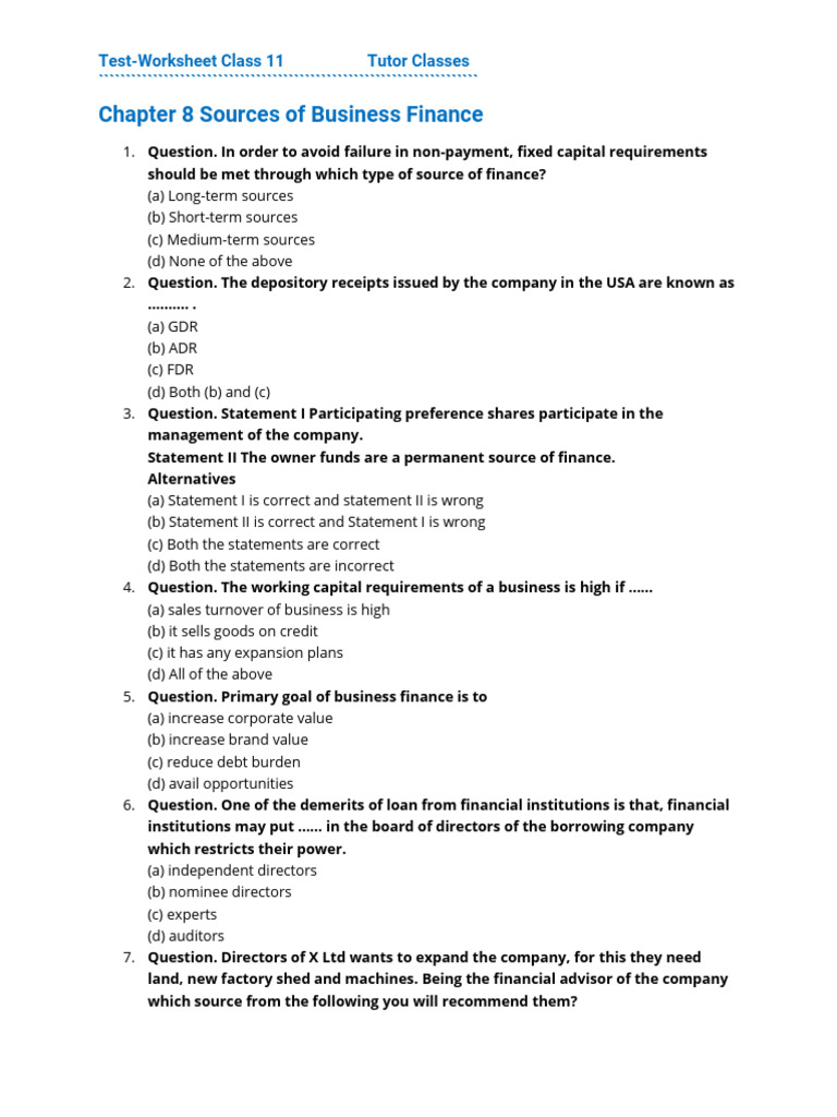 Sources of Business Finance Worksheet | PDF | Capital Structure ...
