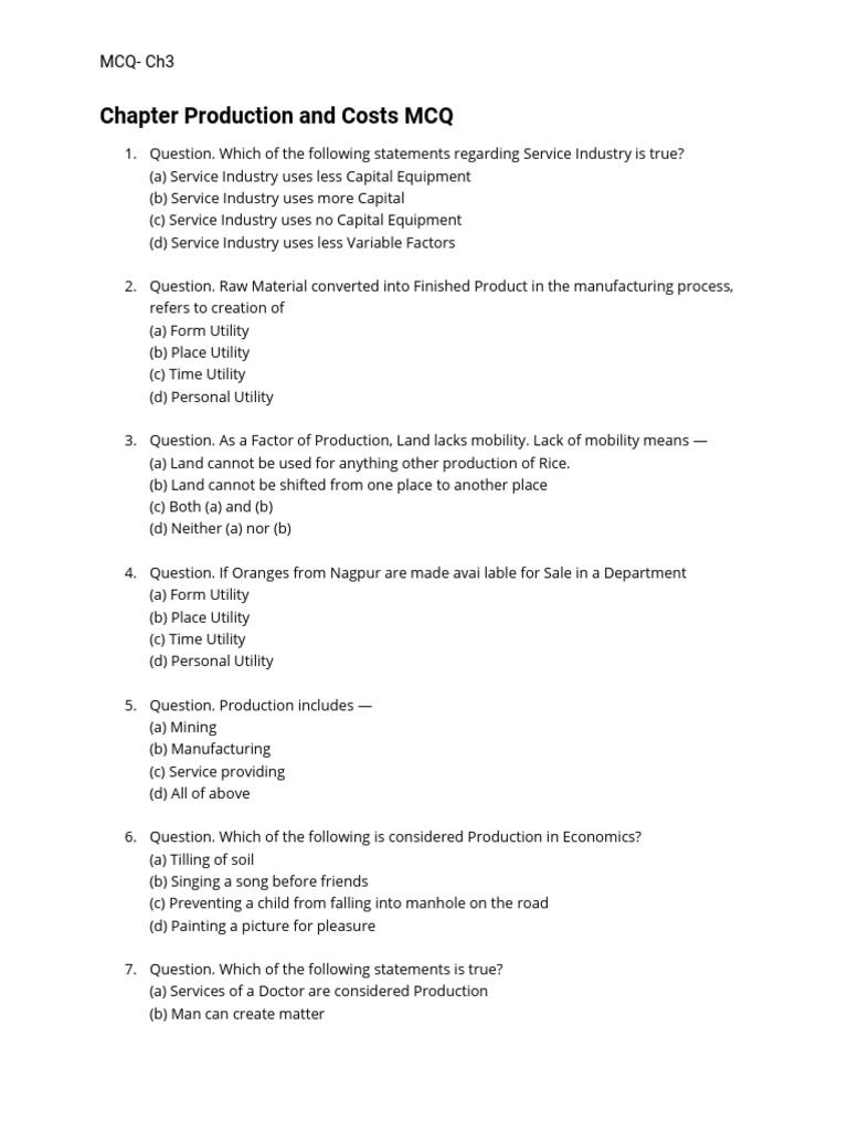 Chapter Production and Costs MCQ1 PDF Labour Economics Goods