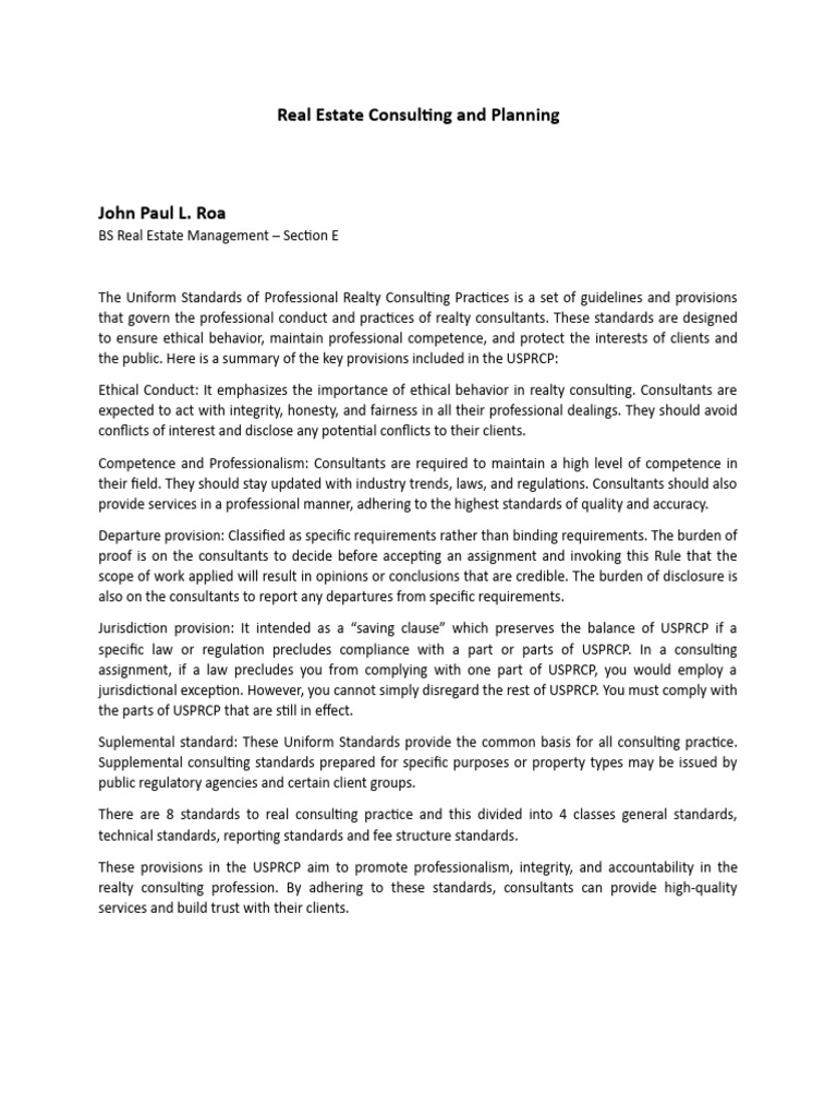 John Paul Roa BSREM Section E Assignment #2 | PDF | Consultant | Integrity