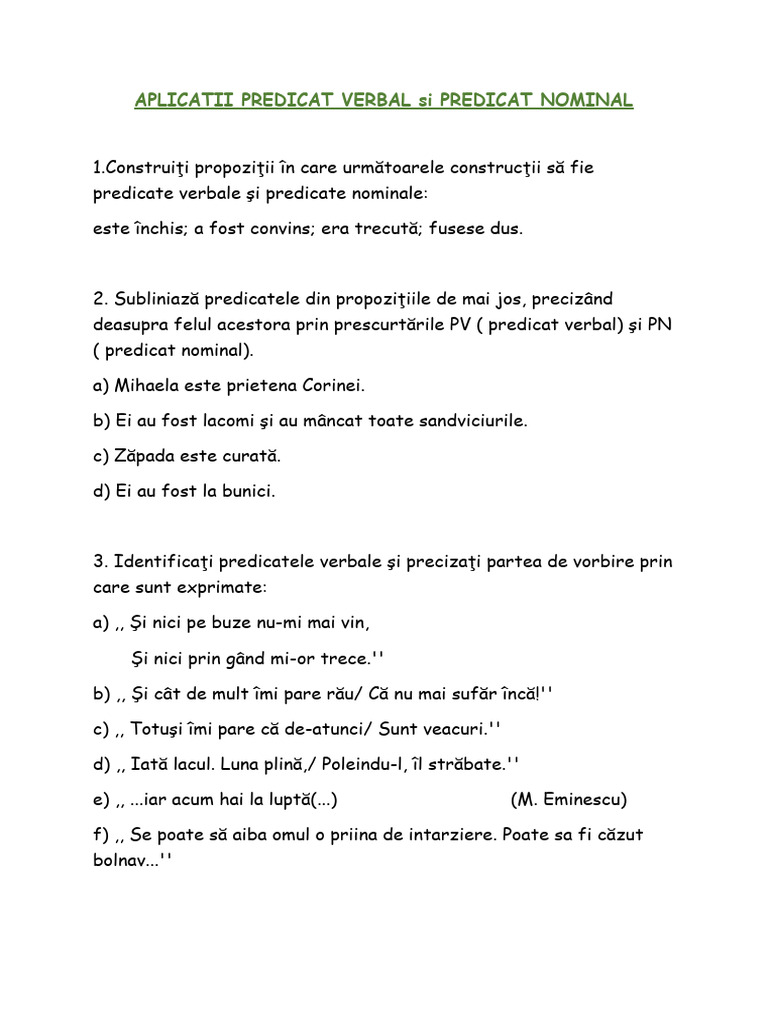 APLICATII PREDICAT VERBAL Si PREDICAT NOMINAL | PDF