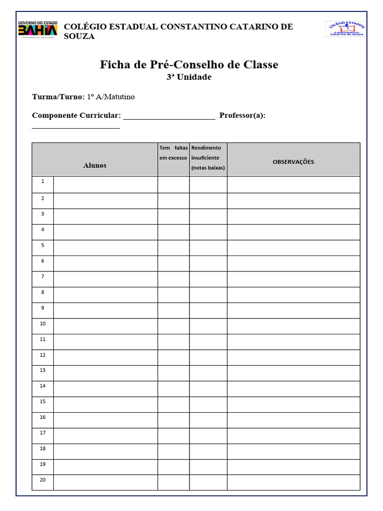 Ficha de Pré-Conselho de Classe 1º Ano | PDF