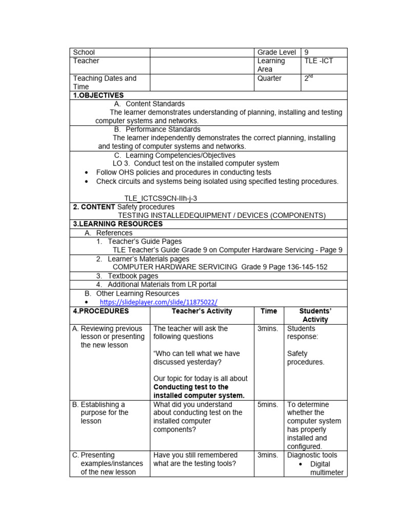 LESSON 3 conducting test on installed computer system Grade 9 ICT (1