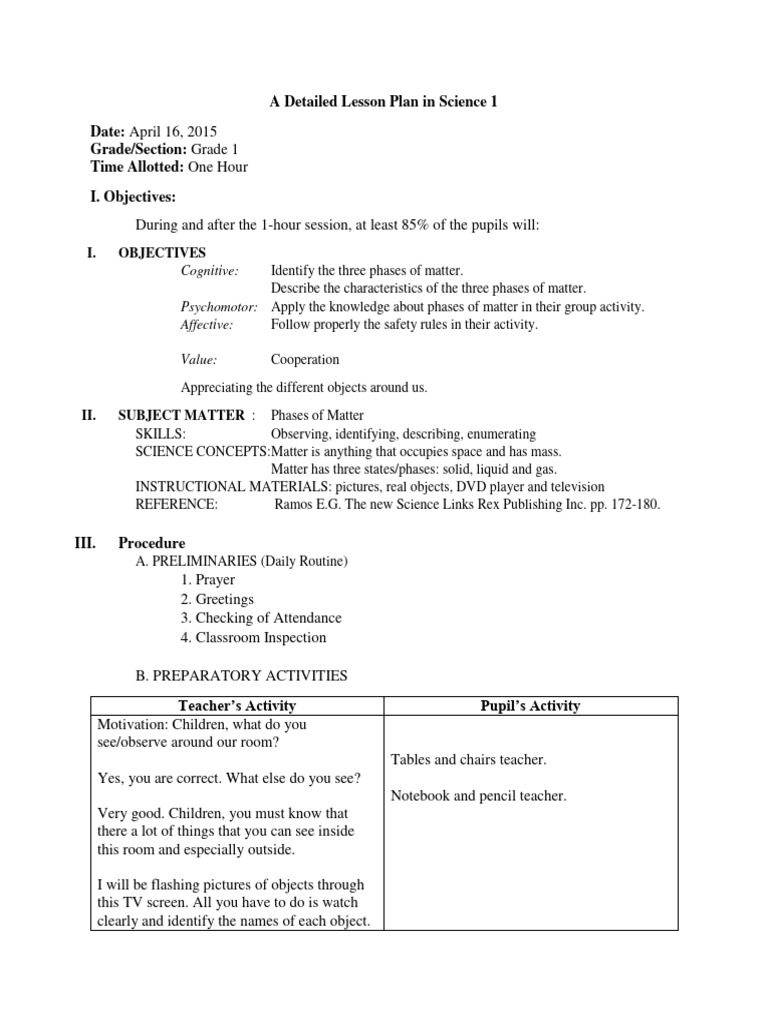 A Detailed Lesson Plan in Science 1 | PDF | Matter | Teachers