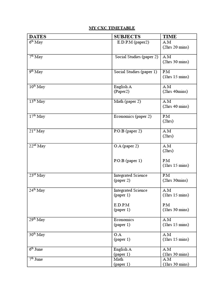 My CXC Timetable PDF